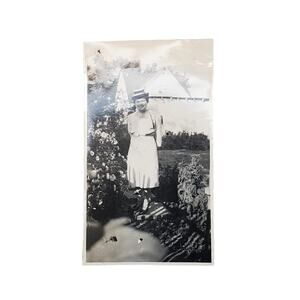 Vtg Lady Posing in Garden Original Monochrome Photography Found Snapshot